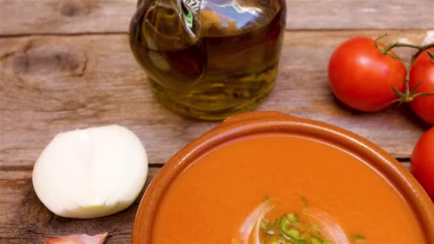 Gazpacho Andaluz Elaborado Con Tomates Cebolla Ajo Pimiento Verde Aceite — Vídeo de stock