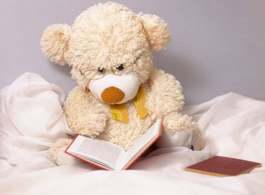 Çocukların gözlüklerle oynaması için sevimli bir bej ayıcık kitap okuyor.