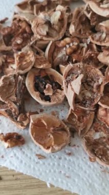 Süpermarketten alınmış bir solucanla çürümüş ceviz yarımlarına yakın çekim.
