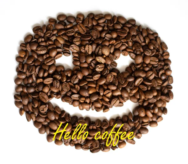 Hello Coffee Closeup Roasted Coffee Beans Smile White Background — Stock Photo, Image