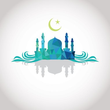 Colorful mosaic design - Mosque and Crescent moon, wave, shadow, blue color clipart