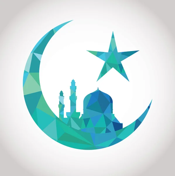 Colorful mosaic design - Mosque and Big Crescent moon, blue color — Stock Vector