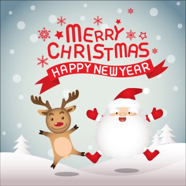 Merry christmas and happy new year, santa claus and rudolph clipart