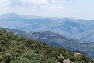 Güney İspanya 'daki dağlık arazi, ağaçlar ve çalılar var, gökyüzünde bulutlar var.