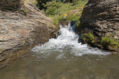 Sierra Nevada 'da bir vadiden aşağı akan sular, çalılar ve çimenler, kayalar ve taşlar var.
