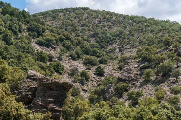 南スペインのシエラネバダ山脈の山岳風景は オークの森ですが 岩の形成は 空の雲があります — ストック写真