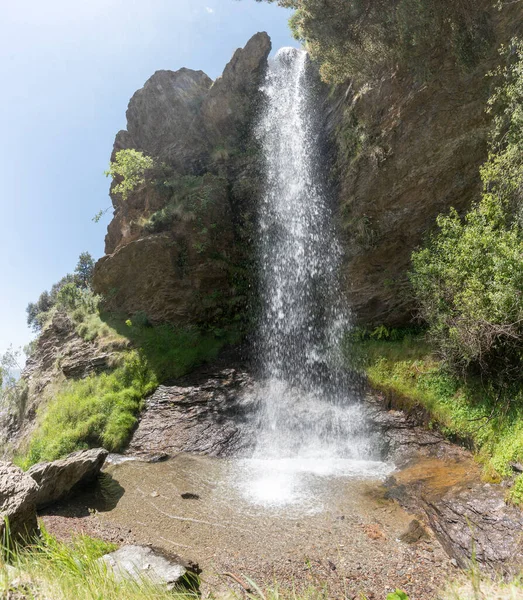 シエラネバダ山脈の渓谷の滝は 草や木があり 岩があり 空は明確です — ストック写真
