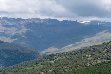 Güney İspanya 'daki dağlık arazi, ağaçlar ve çalılar var, gökyüzünde bulutlar var.