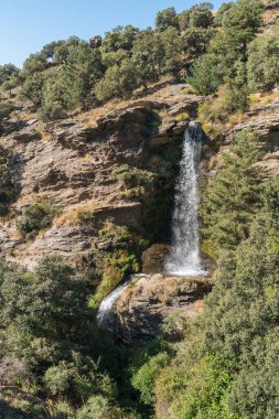 Sierra Nevada 'da bir vadide şelale var, çimenler ve ağaçlar var, kayalar var ve gökyüzü açık.