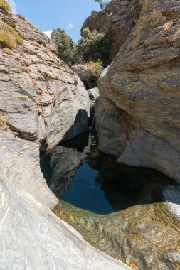 Sierra Nevada 'da bir vadiden aşağı akan su, berrak bir kristal su havuzu var, kayalık bir alan, kayaların üzerinde çimenler var, gökyüzü berrak.