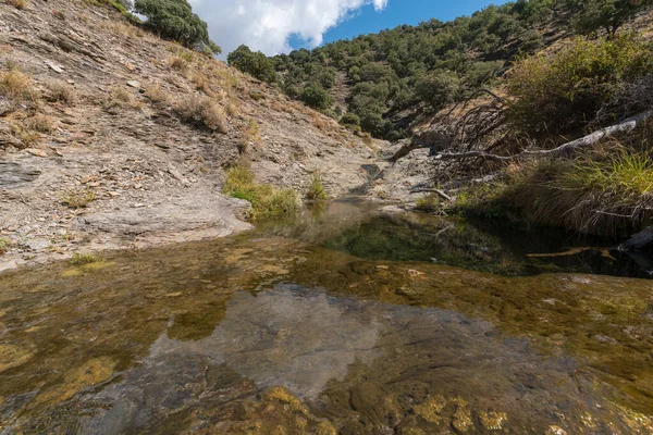 Water flowing down a ravine in Sierra Nevada, there is a pool of crystal clear water, it is a rocky area, there is grass on the rock, the sky has cloud