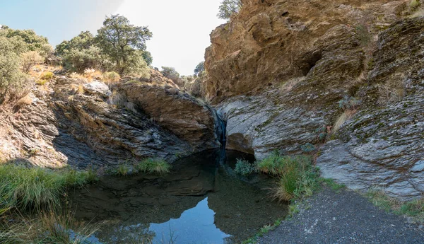 Water flowing down a ravine in Sierra Nevada, there is a pool of crystal clear water, it is a rocky area, there is grass on the rock, the sky is clear