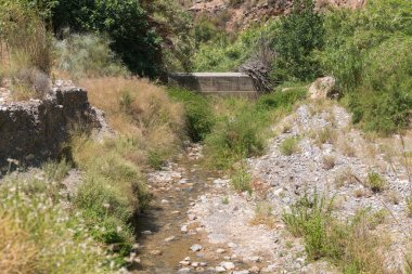 Güney İspanya 'da bir nehirden akan sular, dağlık bir bölge, ağaçlar, çalılar ve çimenler var, yerde taşlar var.