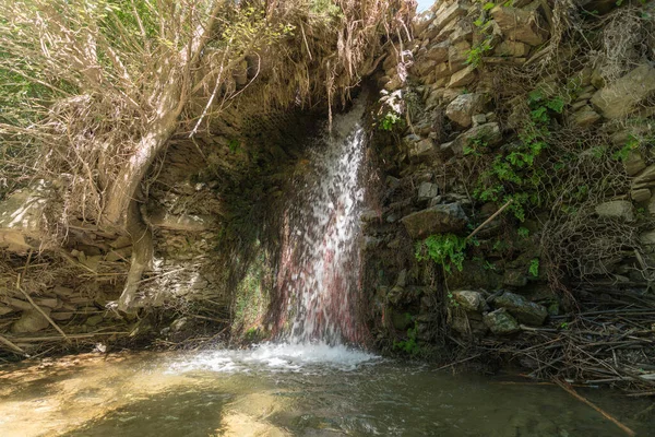 在西班牙南部的一条河里 瀑布上有草 墙上有树 地上有石头 — 图库照片