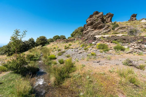 Dağdaki bir hendekten akan su, ağaçlar, çalılar ve çimenler, kayalar ve yanında da eski bir çiftlik evinin kalıntıları, gökyüzü berrak.