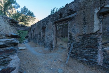 Sierra Nevada 'daki eski bir değirmenin kalıntıları, yapı taştan yapılmış, pencereler ve kapılar var, ağaçlar var ve çimenler kuru.