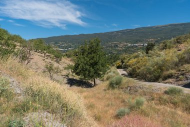 Sierra Nevada 'nın güneyindeki dağlık bölge, sarp bir bölge, ağaçlar ve çalılar var, bir kasaba var, gökyüzünde bulutlar var.