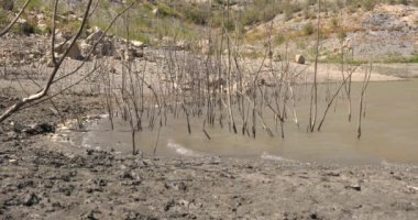 Beninar rezervuarında hareket eden su, kuru çalıların dalları, dağlık bir alan, kum ve taşlar var.