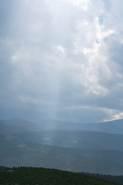 İspanya 'nın güneyindeki Sierra Nevada' nın dağlık arazisi. Çam ormanları, çimenler, gökte bulutlar var.