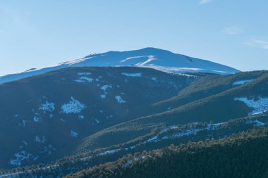 Güney İspanya 'da Sierra Nevada dağı, kar ve çam ormanı var, çalılar var ve gökyüzü açık.