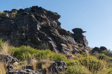 Sierra Nevada 'da kaya oluşumu, çalılar ve çimenler var, gökyüzü açık.
