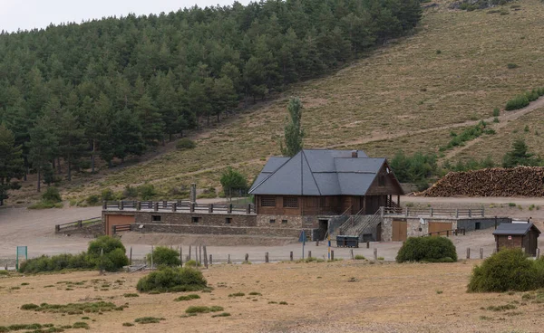 Sierra Nevada dağındaki sığınma evi, ahşap bir sığınak, ahşap direklerden bir korkuluk, çam ormanı ve çalılar, bir sürü ahşap kütük var.