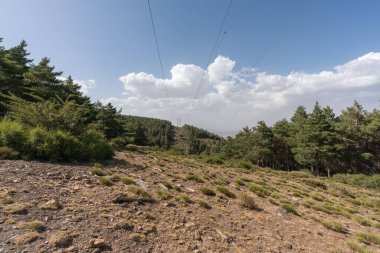 Yüksek gerilim kolonları dağdan geçerken, kolon metalden yapılmıştır, bir çam ormanı vardır, yerde çimenler ve taşlar vardır, gökyüzünde bulut vardır