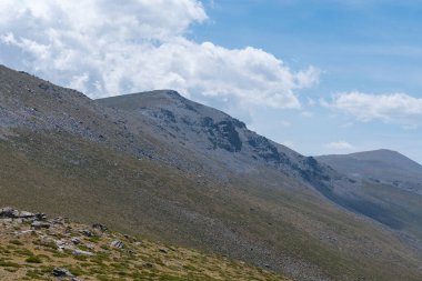 Sierra Nevada 'daki dağlık arazi, çalılar ve çimenler, taşlar ve kayalar var, gökyüzü bulutlu.