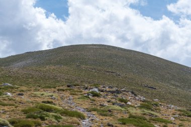 Sierra Nevada 'daki dağlık arazi, çalılar ve çimenler, taşlar ve kayalar var, gökyüzü bulutlu.