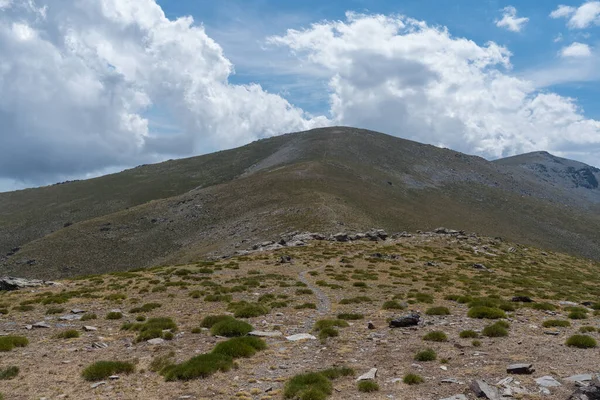 Sierra Nevada 'daki dağlık arazi, çalılar ve çimenler var, taşlar var, gökyüzü bulutlu.