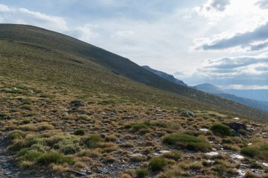 Sierra Nevada 'daki dağlık arazi, çalılar ve çimenler, taşlar ve kayalar var, gökyüzü bulutlu.