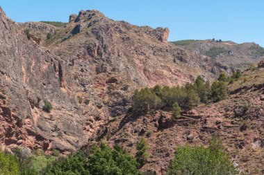 Güney İspanya 'da La Alpujarra' nın dağlık arazisi, ağaçlar ve çalılar var, gökyüzü açık.