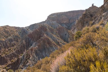 Güney İspanya 'da dağlık ve aşınmış bir arazi, bitki örtüsü var ve gökyüzü bulutlu.