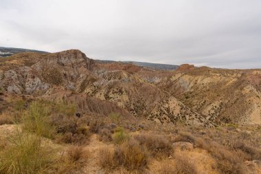 İspanya 'nın güneyindeki dağlık bölgede çalılar var, toprak aşınmış, gökyüzü bulutlu.