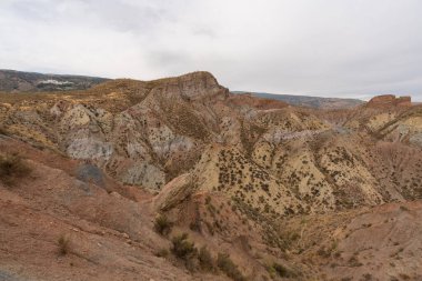 İspanya 'nın güneyindeki dağlık bölgede çalılar var, toprak aşınmış, gökyüzü bulutlu.