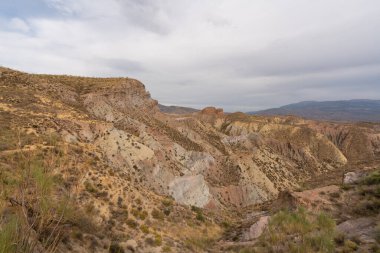 İspanya 'nın güneyindeki dağlık bölgede çalılar var, toprak aşınmış, gökyüzü bulutlu.