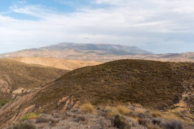 İspanya 'nın güneyindeki dağlık bölgede çalılar var, toprak aşınmış, gökyüzü bulutlu.