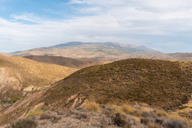 İspanya 'nın güneyindeki dağlık bölgede çalılar var, toprak aşınmış, gökyüzü bulutlu.