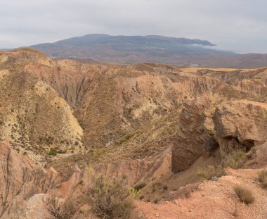 İspanya 'nın güneyindeki dağlık bölgede çalılar var, toprak aşınmış, gökyüzü bulutlu.