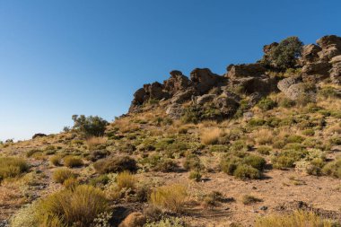İspanya 'nın güneyindeki Sierra Nevada' da kaya oluşumu. Ağaçlar ve çalılar var, gökyüzü açık.