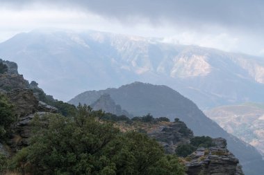 Güney İspanya 'da Sierra Nevada' daki dağlık arazi, ağaç ormanı ve çalılar var, gökyüzünde bulut var.