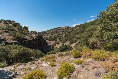 Sierra Nevada 'nın dağlık arazisi, ağaçlar ve çalılar var, taşlar ve kayalar var, bir kaya vadisi var, gökyüzü açık