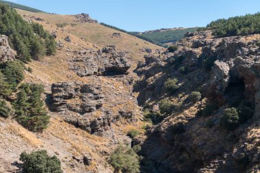 Sierra Nevada 'nın dağlık arazisi, ağaçlar ve çalılar var, taşlar ve kayalar var, bir kaya vadisi var, gökyüzü açık
