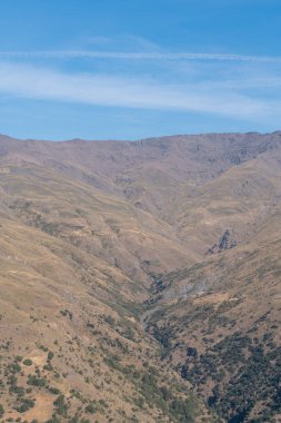 Sierra Nevada 'nın dağlık arazisi, çimenler ve çalılar var, taşlar ve kayalar var, gökyüzü açık.