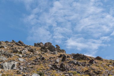 Sierra Nevada 'nın dağlık arazisi, çimenler ve çalılar, taşlar ve kayalar var, gökyüzünde bulut var.