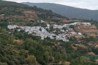 Güney İspanya 'da Sierra Nevada' da bir kasaba, evlerin beyaz cepheleri var, bir kilise var, ağaçlar ve bol bitki örtüsü var..