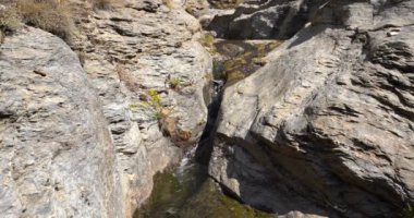 Dağdaki su akıntısı, kayaların yosunları var, çimenler var.