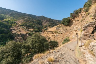 İspanya 'nın güneyindeki Sierra Nevada' daki dağlık arazide ağaçlar, çalılar ve çimenler, kayalar ve taşlar var. Dağlık bir bölge ve gökyüzünde bulutlar var.