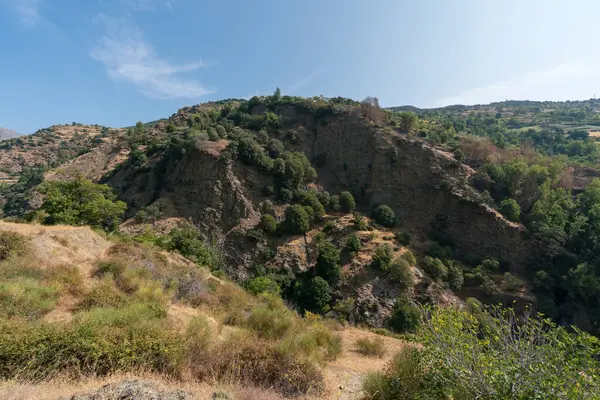 Sierra Nevada 'nın dağlık arazisi, ağaçlar, çalılar ve çimenler var, engebeli bir bölge, gökyüzü temiz.