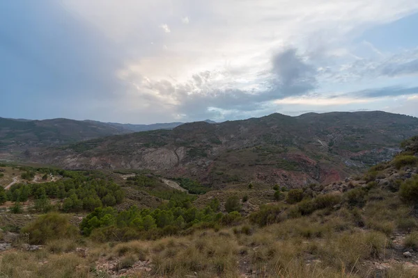 南スペインの山岳風景は 木ですが 茂みや草がある石は 空の雲があります — ストック写真